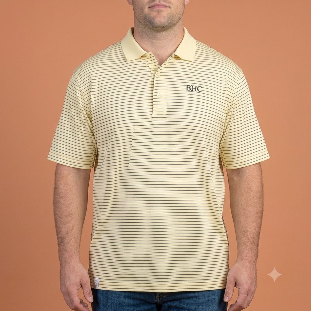 Peter Millar XL Yellow Striped Cotton Polo Shirt BHC Logoβ Golf Casual EUC